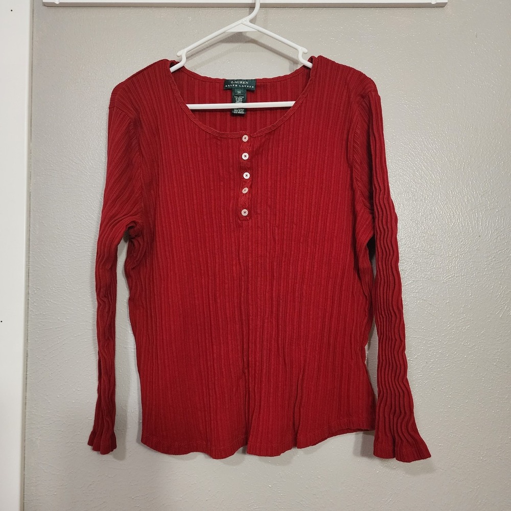 Lauren Ralph Lauren Women's Top Size 3X Red Long Sleeve Brick Red Green Label